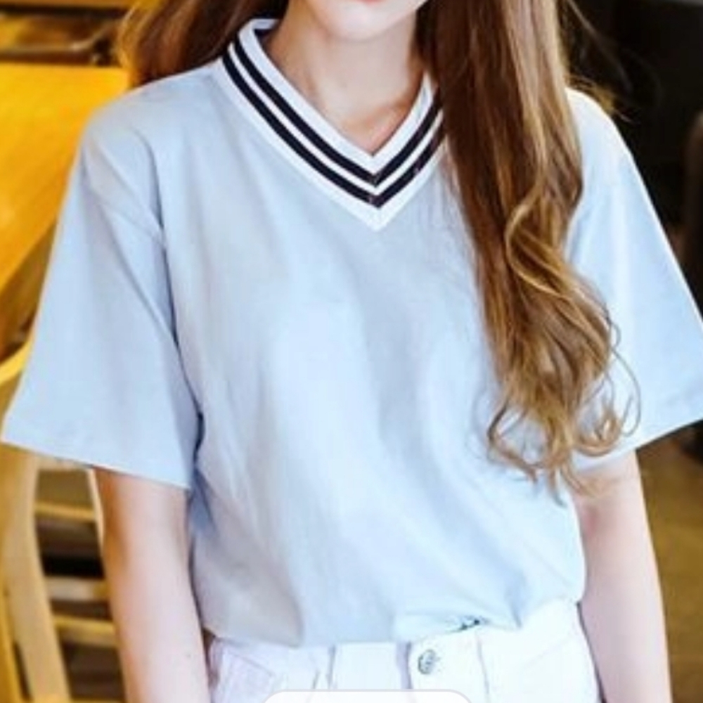 pale sky blue striped v-neck tshirt